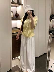 Women's Solid Color Drawstring Waist Casual Loose Wide Leg Pants - White - View 2
