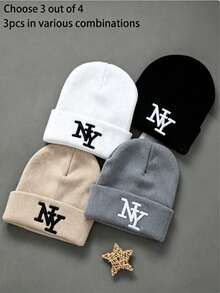 New Embroidered New York Winter Unisex Knit Hat, Warm Soft Fashion Versatile Beanie - Multicolor - View 4