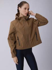 2026 New Women's Sports Jacket Loose Fit Fashion Outdoor Short Casual Jacket With Zipper Pockets On Arms, Drawstring Hem And Hood - Brown - View 4