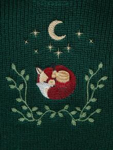 Women's High Neck Solid Color Loose Short Knit Sweater, Fox Moon Star Embroidery, Soft Comfortable Autumn/Winter Versatile Top - Green - View 11
