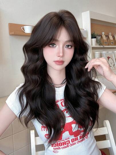 24 Inches Black-Brown Long Curly Wig With Certain Bangs, High Quality Natural Looking Fluffy Very Soft Synthetic Heat Resistant Fiber Hair Wig Accessories For For Daily Office Or School Wear-Music Festival Party Wear-Cosplay Decoration Use