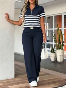 Women's Spring And Summer Outfit Casual Two-Piece Set Short-Sleeve Top With Solid Color Pants Suitable For Everyday, Street, And Sports - Royal Blue - View 4