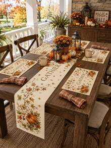 Plant Pumpkin Vine Patterned Table Flag Set, Minimalist Linen Rectangular Placemat Set For Home Use, Kitchen Table Protection Mat, Autumn Festival Party Table Accessories, Autumn Home Decoration Supplies. - Multicolor - View 9