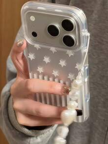 Matte Silver Star Stripe Phone Case Compatible With IPhone 17 Pro Max, 16 Pro, 15, 13, 14, With Lanyard, Airbag Dual Layer Full Coverage Shockproof Protective Cover For Women - Silver - View 2