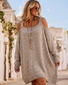 Autumn/Winter New Off-Shoulder Knitted Sweater For Women, Oatmeal Color, Slouchy, Camisole Design - Yan - View 7
