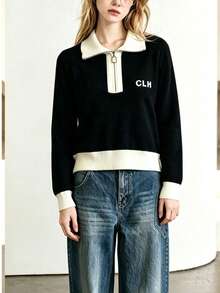 Zip-Up Long Sleeve Knit Cardigan, Versatile Knit Sweater Black Fall - Black - View 6