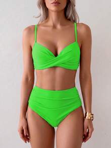 Nuevo Conjunto de Bikini de Dos Piezas de unicolor Elegante Bohemio con Doble Tira para Mujer Verano Vacaciones en la Playa - verde fluorescente - Ver 3