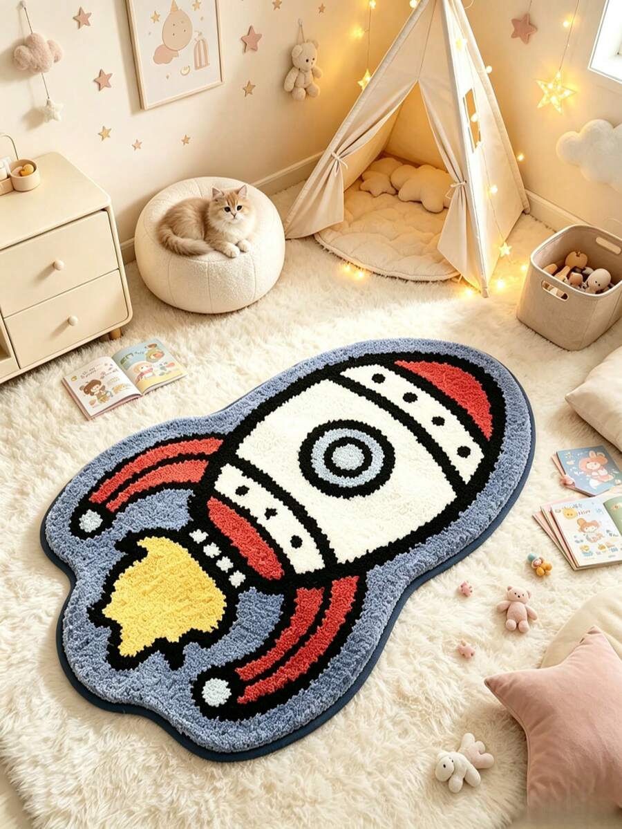 1pc Cartoon Rocket Shaped Floor Mat, Decorative Rug, Bedroom Decor, Floor Mat, Carpet, Home Decor, Living Room Rug, Small Living Room Rug, Bedroom Rug, Living Room Home Decor, Outdoor Rug, Washable Carpet - Multicolor B - View 1