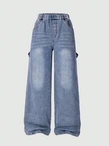 Teen Boy Summer Pocket Letter Embroidery Wide Leg Denim Jeans Fashion New Style - Blue - View 3