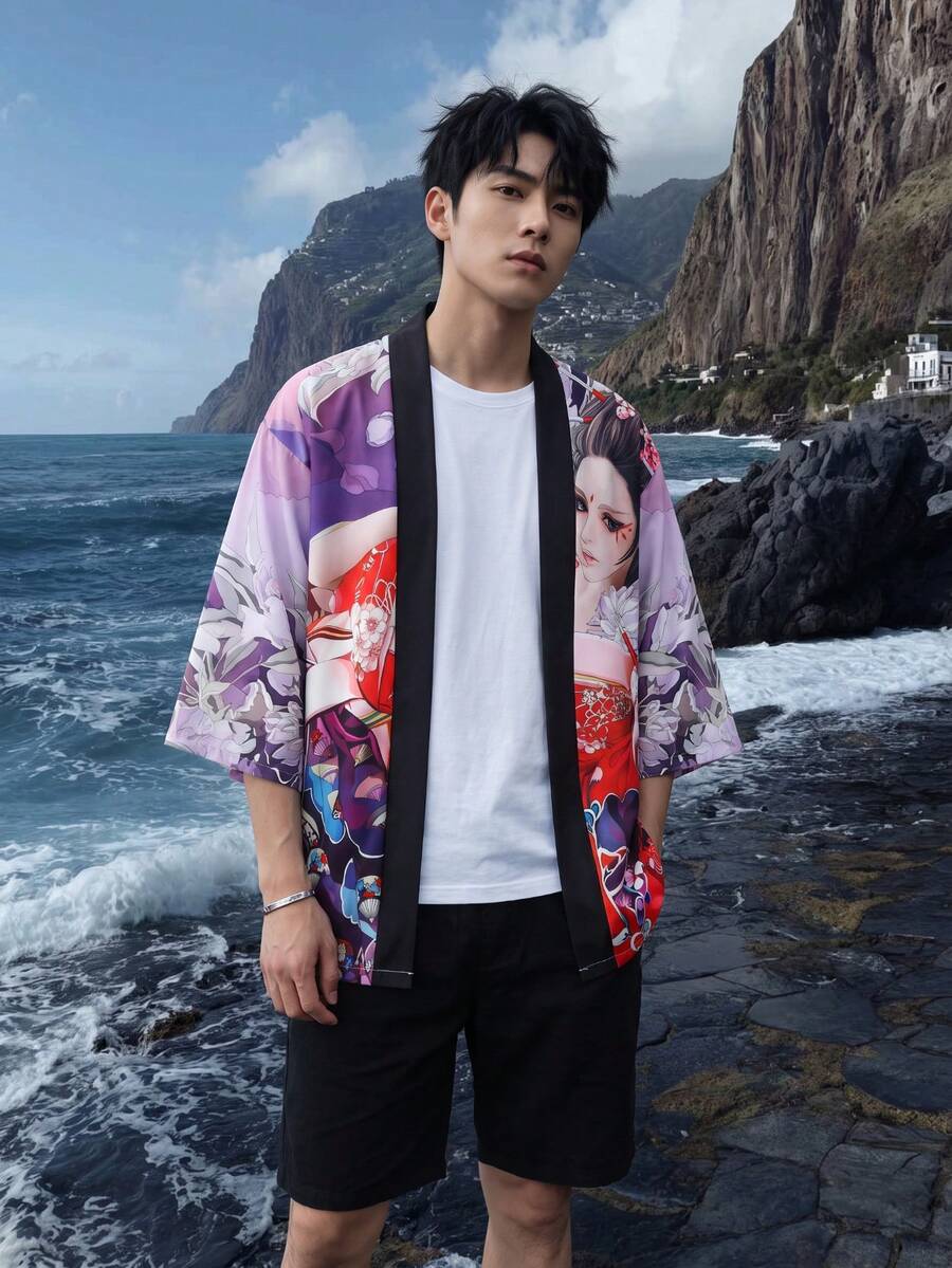 男士和服式開襟印花休閒襯衫,可機洗 - 紫色 - 查看 1