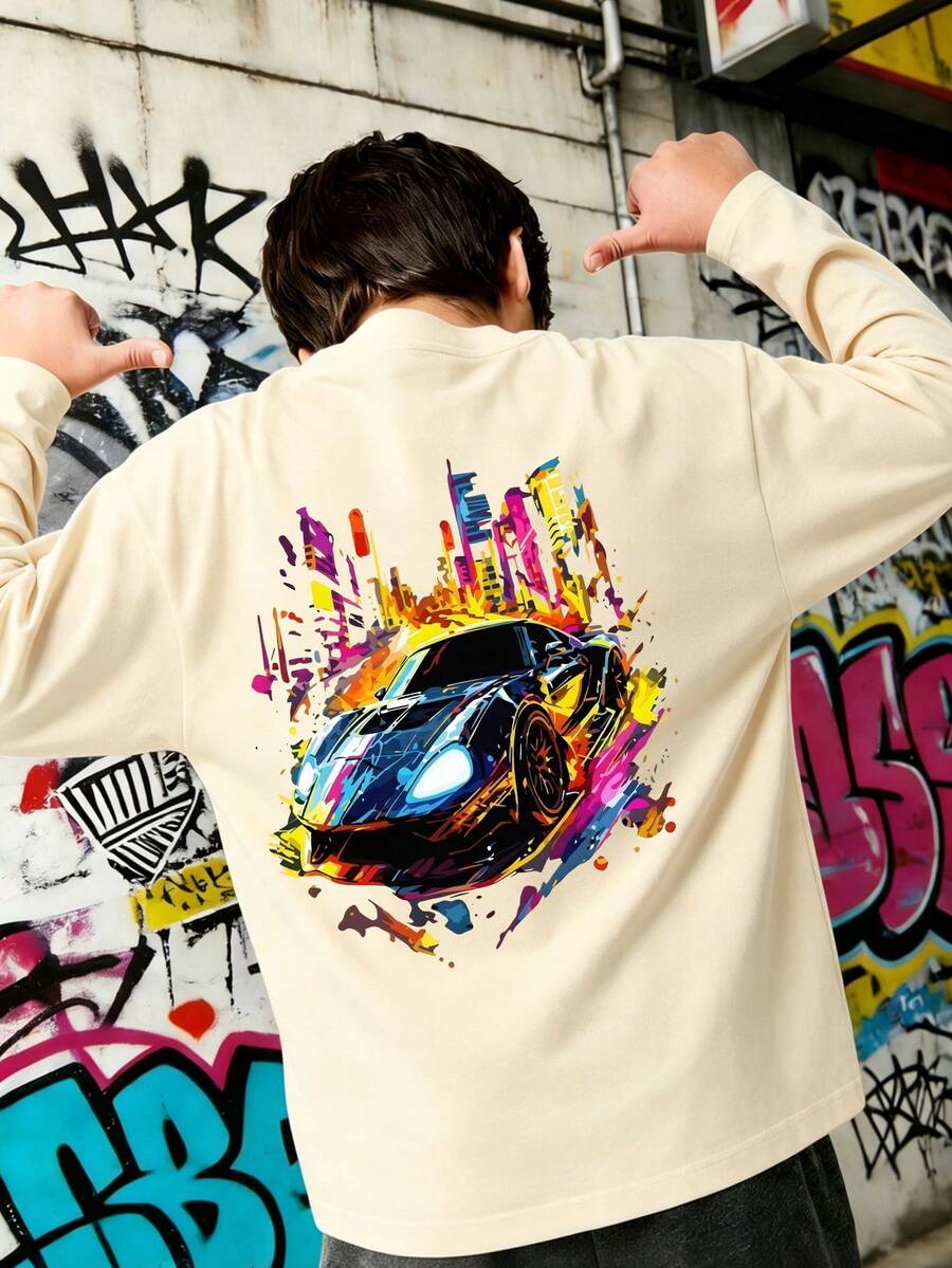 Tween Boy Casual Fun Print Crew Neck Pullover Long Sleeve T-Shirt, Autumn/Winter Top - Apricot - View 1