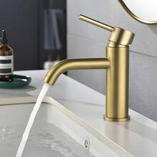 1pc Brushed Golden Stainless Steel Single Handle Hot Cold Mixer Tap, Water Saving Curved Spout Luxury Washbasin Faucet With Complete Installation Hardware, Brushed Metal Finish Elegant Tap For Home Bathroom Vanity - Multicolor - View 10