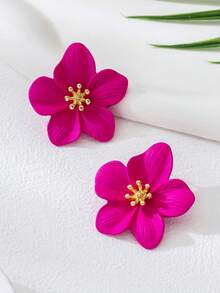 1 Pair Summer Beach Vacation Dopamine 3D Flower Retro Rose Red Enamel Stud Earrings For Women - Hot Pink - View 2