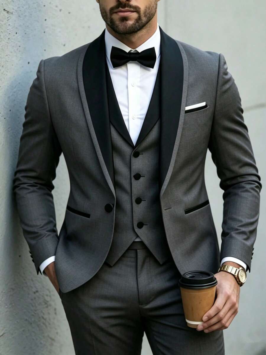 SuitGent 三件套男士高品质商务西装，撞色新郎婚礼礼服，修身休闲西装外套和裤子套装，春季礼服套装