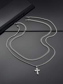 Men's Double Layer Stacked Cross Pendant Necklace, Hip-Hop Style, Inlaid Cubic Zirconia Chain, Personalized Street Decor Accessory - Silver - View 3