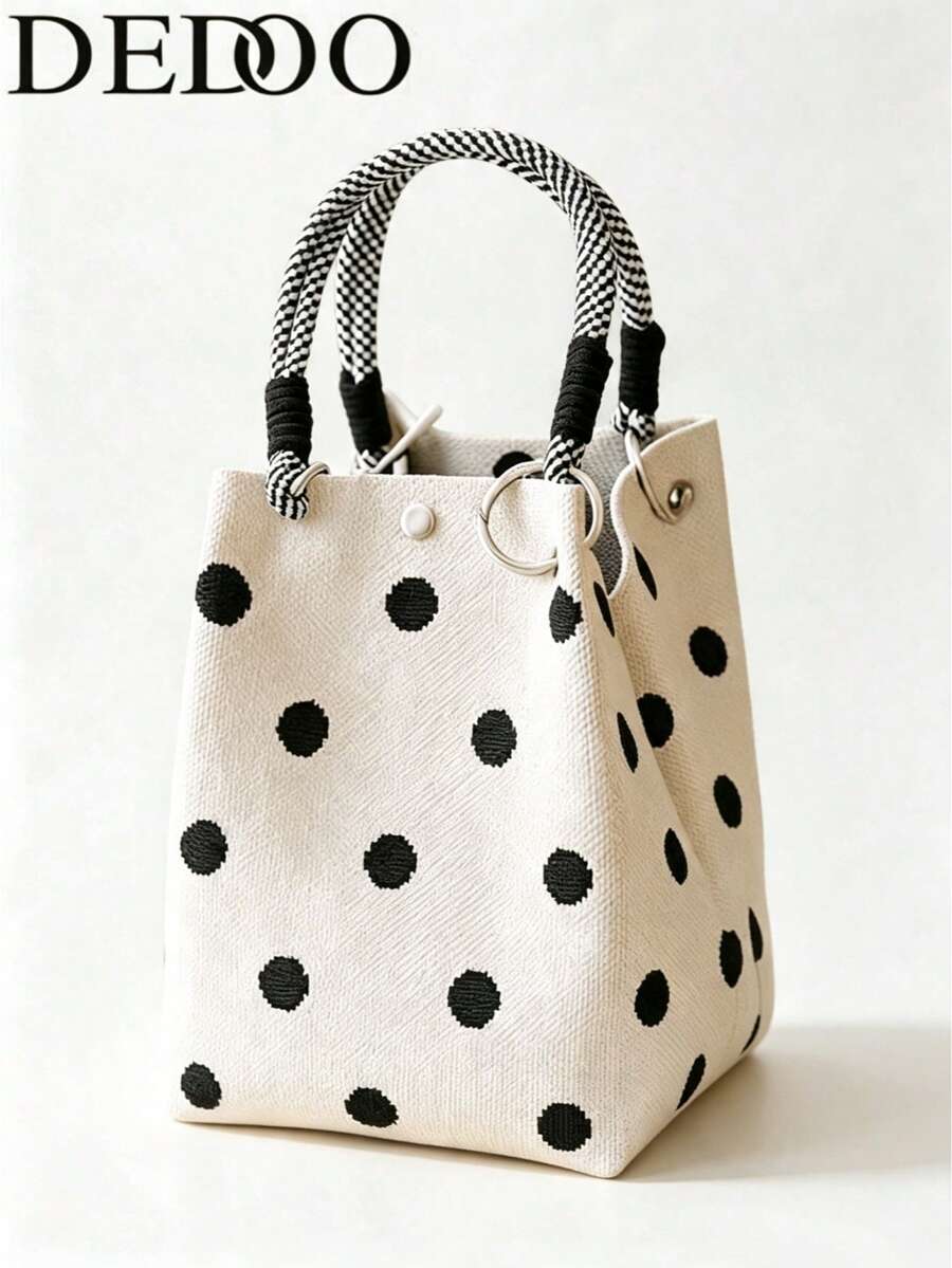 Dedoo Polka Dot Linen Canvas Bucket Tote Bag, Striped Rope Handle Snap Closure Minimalist Handbag, Suitable For Daily Shopping And Coffee Outings