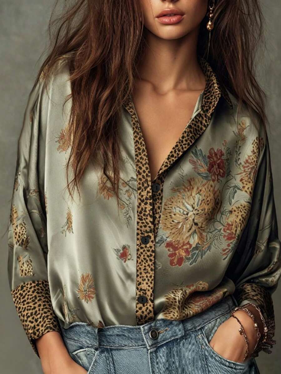 女士优雅豹纹绿色花卉拼接缎面衬衫，垂坠感极佳，光泽柔美，柔软舒适，度假必备 - 橄欖綠 - 查看 1