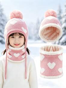 Children's Hat And Scarf 2pcs Set, Autumn/Winter Heart-Shaped Earflap Hat, Baby Girl Thermal Lined Warm Knitted Set - Heart Ear Protection Hat - View 2