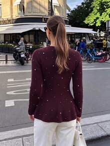 Women's Burgundy Knitted Ruffle Top, Pearl Decor, Round Neck Long Sleeve Regular Length Medium Stretch Autumn Sweater - Brown - View 5