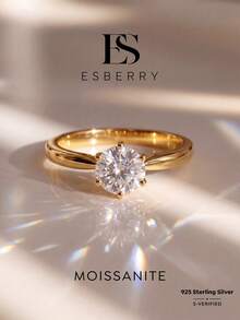 ESBERRY 1枚S925纯银1克拉闪耀经典六爪镶嵌莫桑石订婚戒指/结婚戒指/圆形承诺戒指/永恒戒指/周年纪念戒指，奢华珠宝礼品，女士钻石戒指 - 金色 - 查看 2