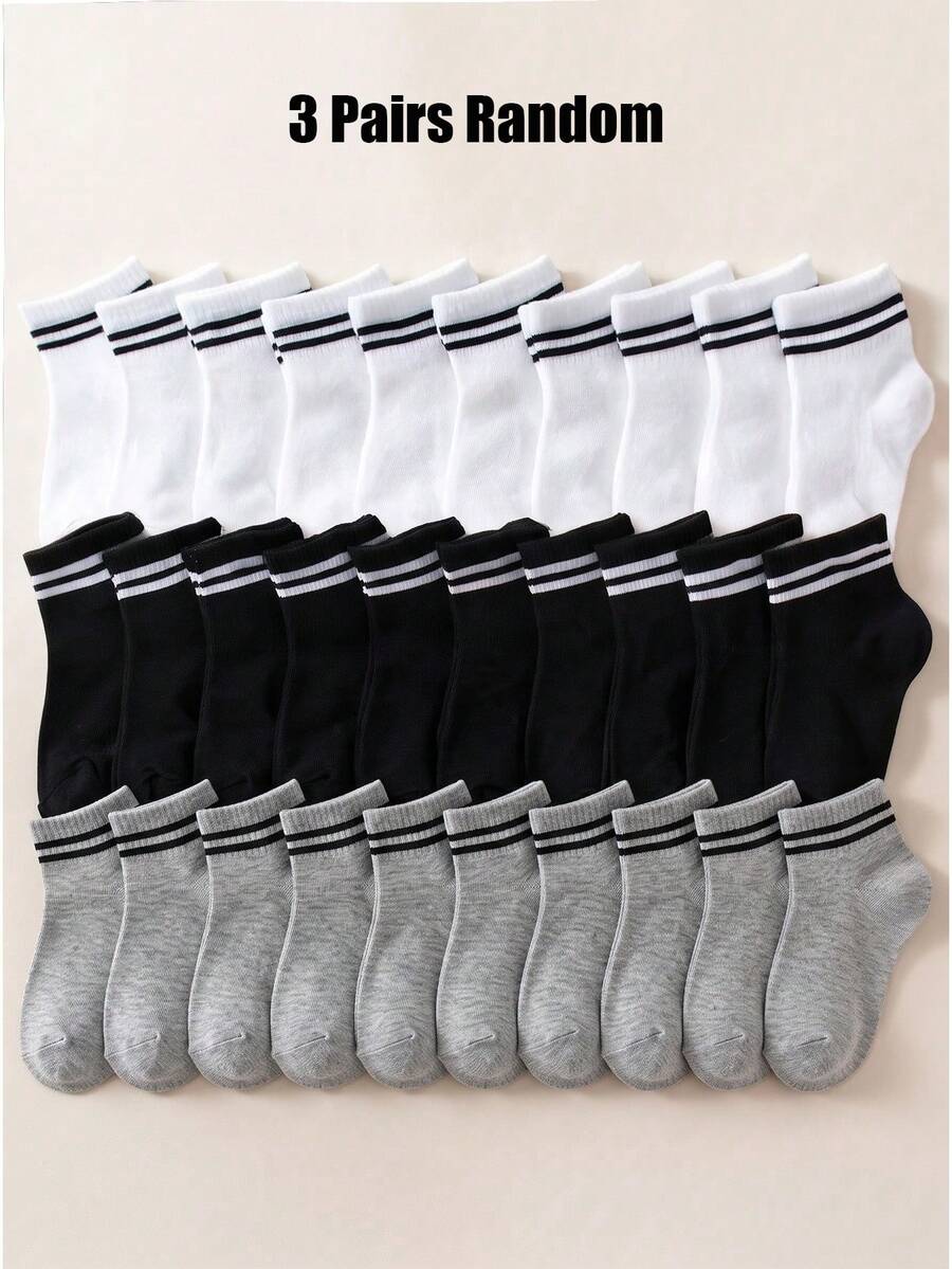 3 Pairs Random Black & White Striped Kids Mid-Calf Socks, Simple Versatile Back To School Mid-Calf Socks - Multicolor - View 1