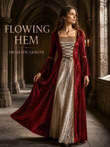 Halloween Cosplay Costume Witch Outfit Women Vampire Costume Lady Medieval Queen Costume Gold Velvet Robe Long Sleeve Renaissance Dress Lace-Up Corset - Purple - View 1