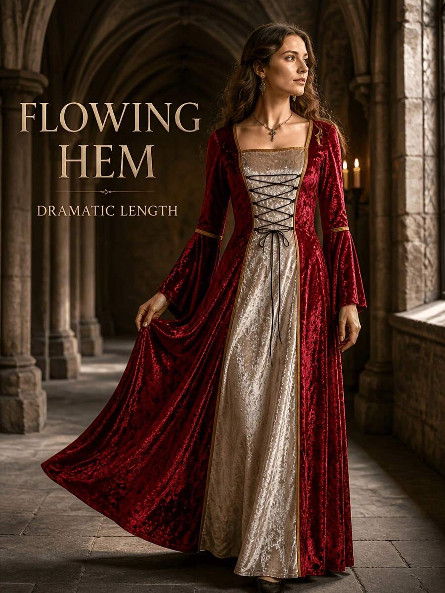 Halloween Cosplay Costume Witch Outfit Women Vampire Costume Lady Medieval Queen Costume Gold Velvet Robe Long Sleeve Renaissance Dress Lace-Up Corset - Purple - View 1