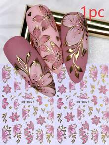 1pc Spring Summer Pink Petal Nail Stickers, Luxury Gold Foil Edge Floral Plant Nail Decals, 3D Self-Adhesive Sliders - Multicolor - View 9
