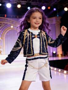 3pcs Young Girl Starry Sky Jacket + Vest + Shorts Set, Party Stage Performance Outfit, Birthday Gift - Navy Blue - View 1