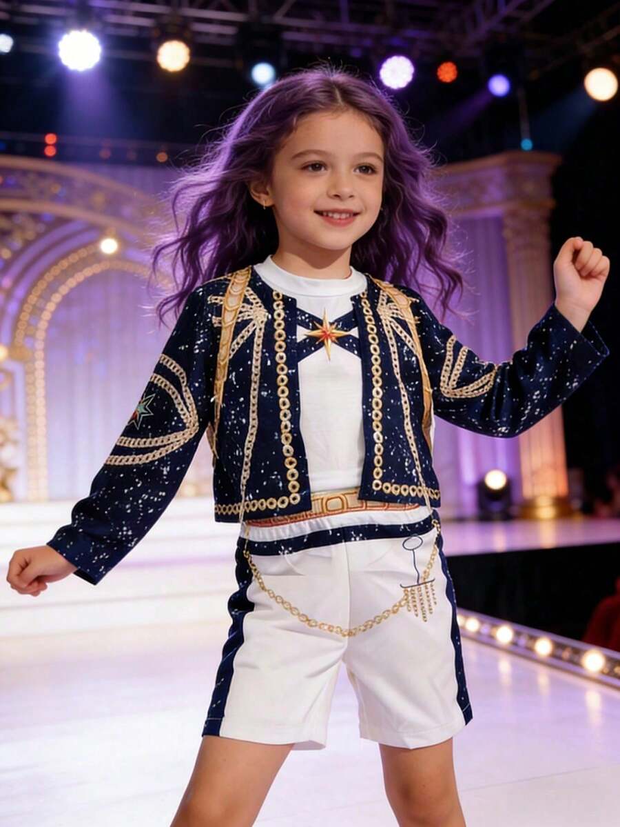 3pcs Young Girl Starry Sky Jacket + Vest + Shorts Set, Party Stage Performance Outfit, Birthday Gift - Navy Blue - View 1