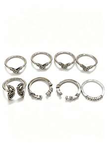 Set de 8 anillos con mariposas de estilo bohemio con rhinestones, regalo para mujeres - Plateado - Ver 5