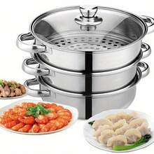 One Set Of Single-Layer, Double-Layer, And Triple-Layer Thickened Stainless Steel Steamer With A Glass Lid, A Multi-Functional Steamer Suitable For Hot Pot, Soup Pot, And Induction Cookers. - View 3