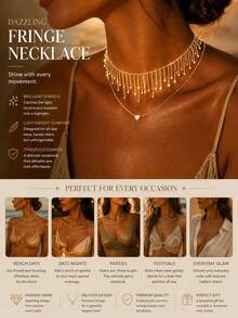 FAAABULS 1pc Women's Gold Tassel Choker Necklace, Multi-Layer Draped Chain With Exquisite Pendant, Suitable For Beach, Party, Music Festival - Gold - View 2
