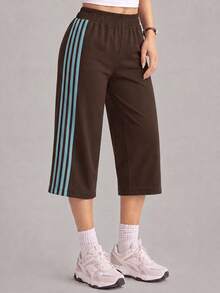 Sodalemon Women's Colorblock Loose Casual Sports Capris, Elastic Waistband, Side Pockets, Training Fitness Workout Shorts - Coffee Brown - View 8