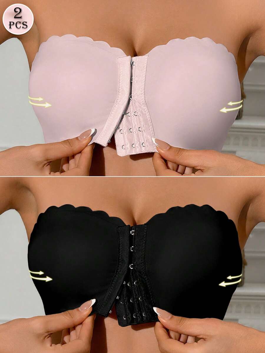 2pcs (Light Pink + Black) Front Closure Bandeau Bras, Upgraded Non-Slip Silicone, Wireless Seamless Bras (A-C Cup) - Multicolor - View 1