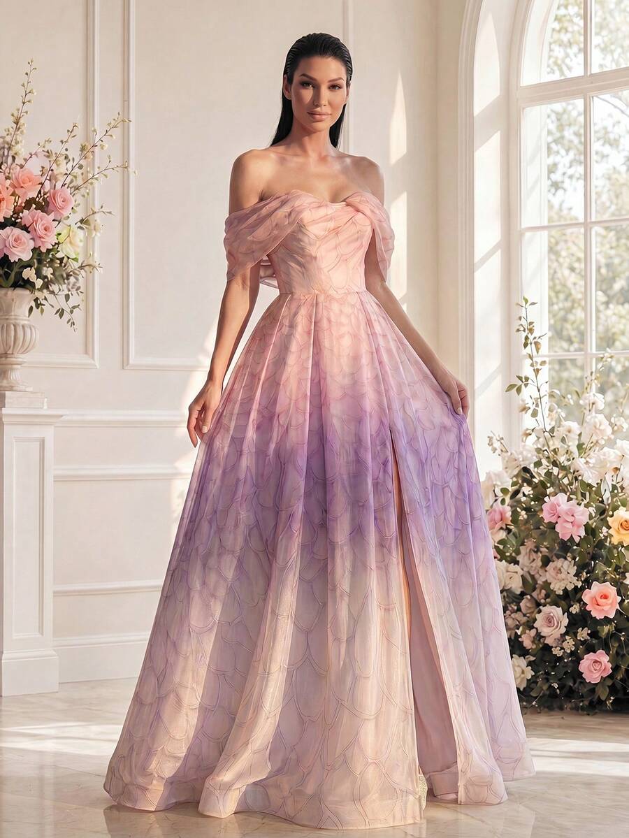 女款浪漫露肩漸層色洋裝,泡泡袖、傘裙露背正式晚禮服,附拉鍊與對比網紗設計,適合婚禮派對 - 淺粉色 - 查看 1