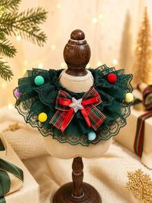 Christmas Pet Collar Scarf For Cats And Dogs With Lace Trim, Bowknot And Colorful Balls, Holiday Photo Decoration - Dark Green - View 7