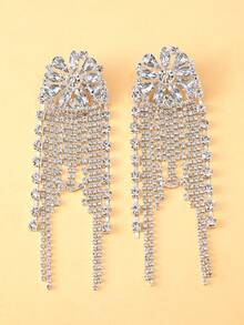 FAAABULS 1 Pair Women's Silver Rhinestone Flower Tassel Earrings, Exaggerated Crystal Pendant Long Earrings, Suitable For Wedding, Evening Party, Party, Ball And Date - Silver - View 6