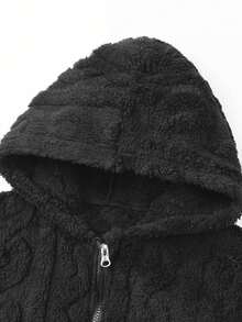 1pc Tween Boys Plush Textured Zip-Up Hooded Jacket, Thick Fleece Coat, Suitable For Boys Back To School Wear, Autumn Winter Casual Wear - Black - View 4