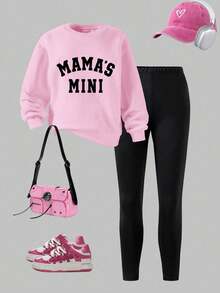 Young Girl Letter Print Crew Neck Long Sleeve Top And Leggings - Pink - View 3