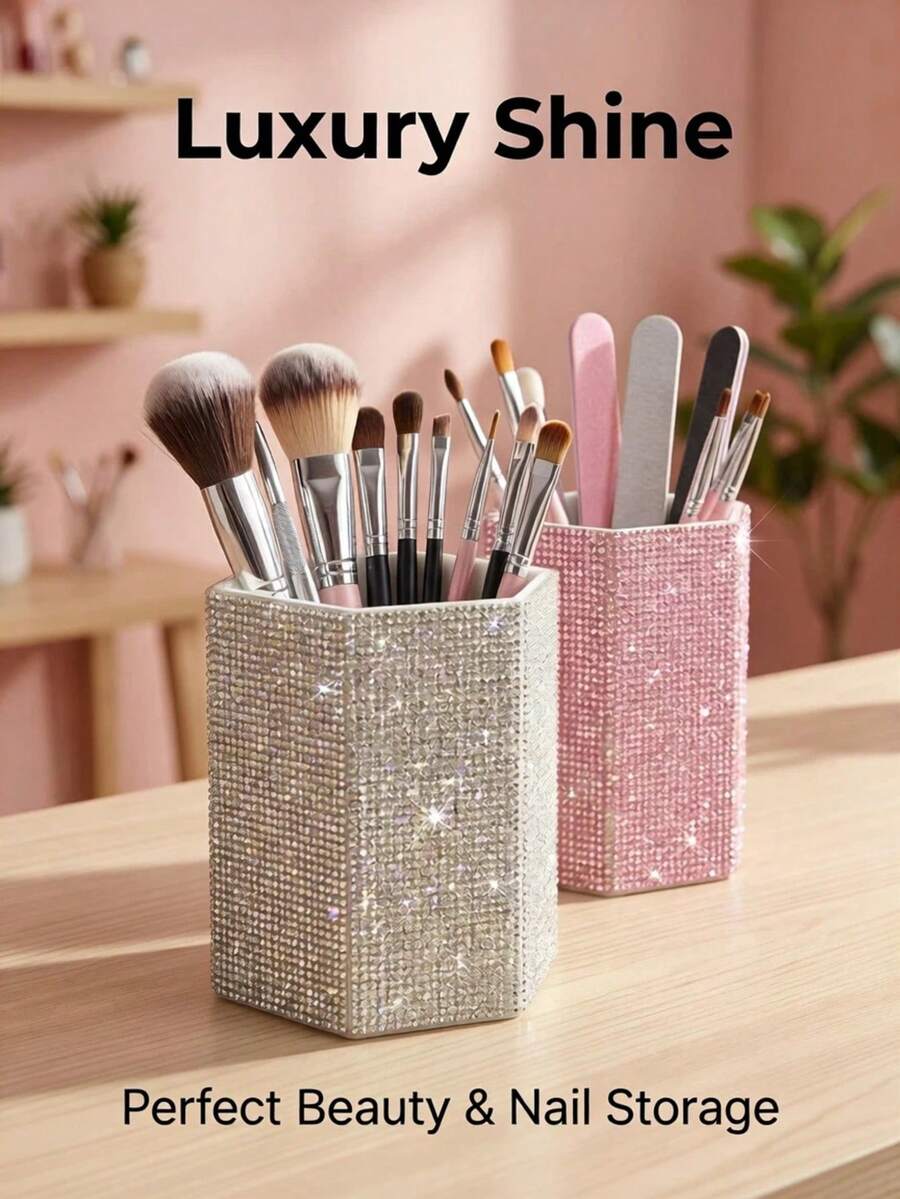 Luxury Rhinestone Makeup Brush Holder & Pen Organizer - Hexagonal Crystal Desktop Storage For Vanity, Office, And Dorm Decor (Pink/Gold/Silver)