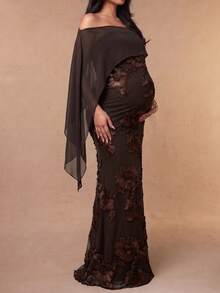 Brown Off-Shoulder Maternity Dress: Low Elasticity Floral Embroidered Mermaid Long Dress With Shawl, Suitable For Weddings, Banquets And Cocktail Parties - Coffee Brown - View 8