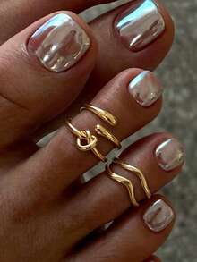 4 piezas de anillos para los dedos de los pies de metal con diseño geométrico minimalista de onda anudada, anillos versátiles y apilables de nicho - Dorado - Ver 3