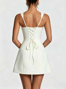 White Adjustable Shoulder Strap Back Tie Waist A-Line Flare Mini Dress - White - View 3