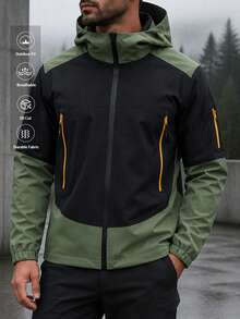 Jaket Patchwork Hijau Army Pria, Pakaian Luar Kasual Berkerudung, Atasan Gaya Gunung - Hitam - View 1