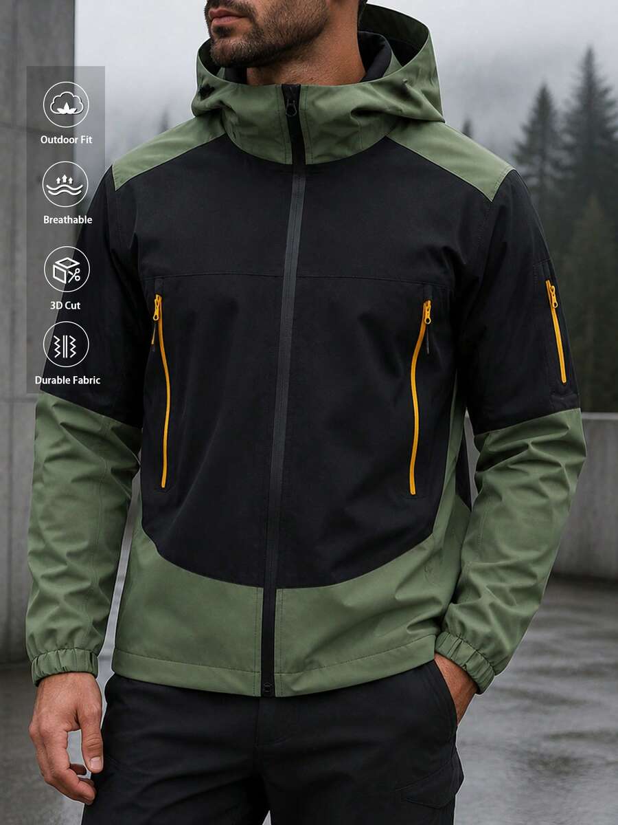 Jaket Patchwork Hijau Army Pria, Pakaian Luar Kasual Berkerudung, Atasan Gaya Gunung - Hitam - View 1