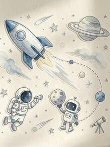 1 set/2 stora akvarellväggdekaler med rymdmotiv, lämpliga för barnrum, astronaut-, raket- och robotdekalset, avtagbar självhäftande vinylväggmålning, galaxtema för sovrumsdekoration - Multifärgad - Visa 10