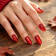 Beetles Red Cat Eye Press-On Nails, Short Almond False Nails With White Polka Dots, Glue & Adhesive Tabs, 10-Minute Salon-Style Manicure Kit - Red Cat Eye Short Almond Polka Dot Design - 查看 2