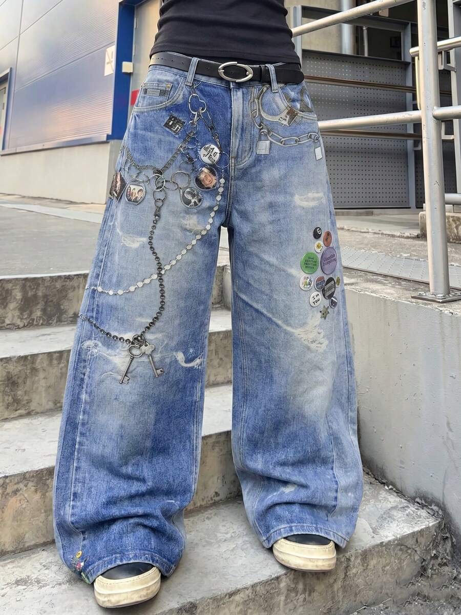 1件男士數位全印花寬鬆寬腿牛仔長褲，青春街頭風休閒長褲 - 藍色 - 查看 1