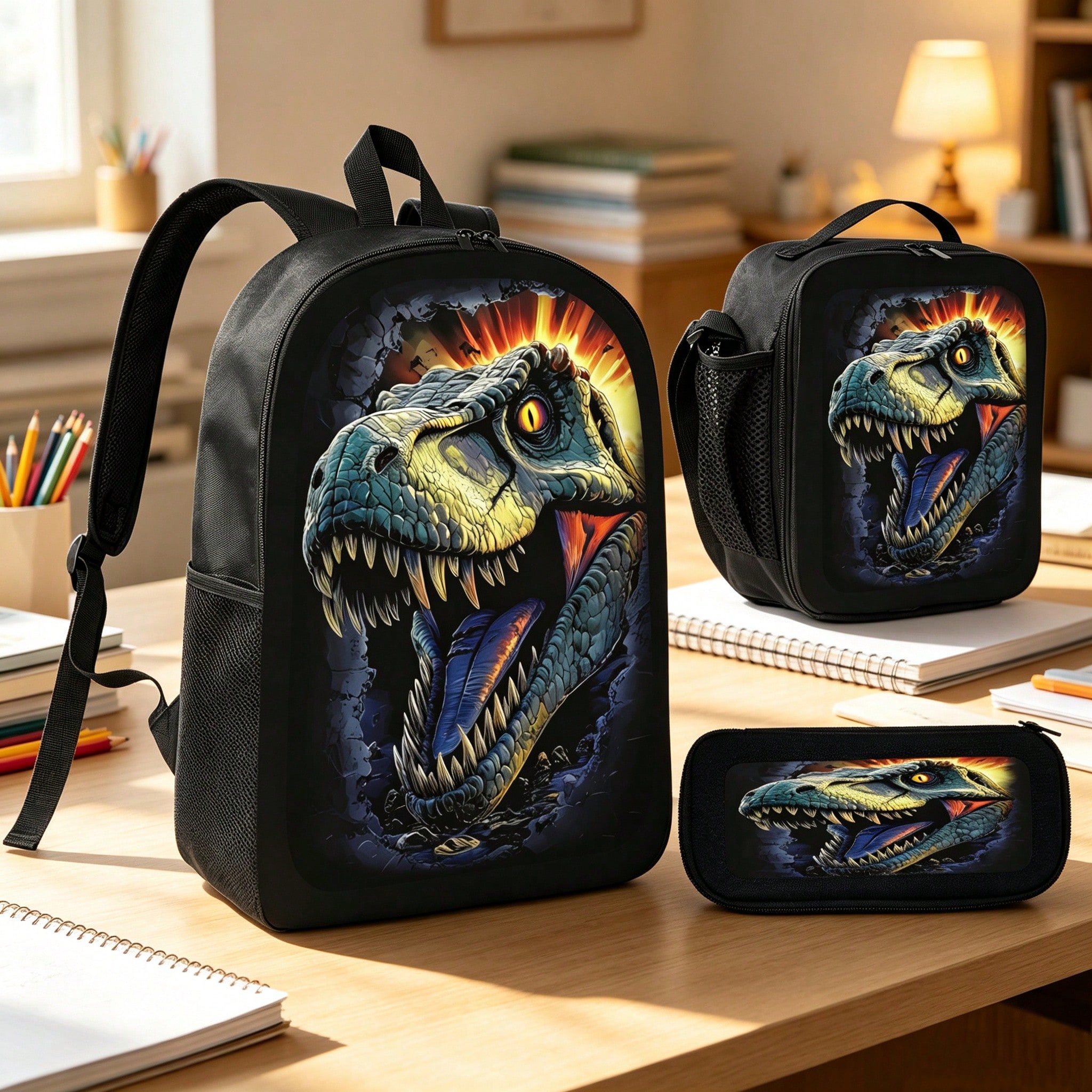 1k+Sold(Tyrannosaurus) Unisex Fashion Backpack + Insulated Lunch Bag + Pencil Case 3 Pieces Set, Minimalist Lightweight Backpack For Outdoor Travel, School, Multi-Compartment Versatile Casual Storage Bag, Travel Bag, Laptop Bag, Business Commute, Back To School Essential Student School Bag